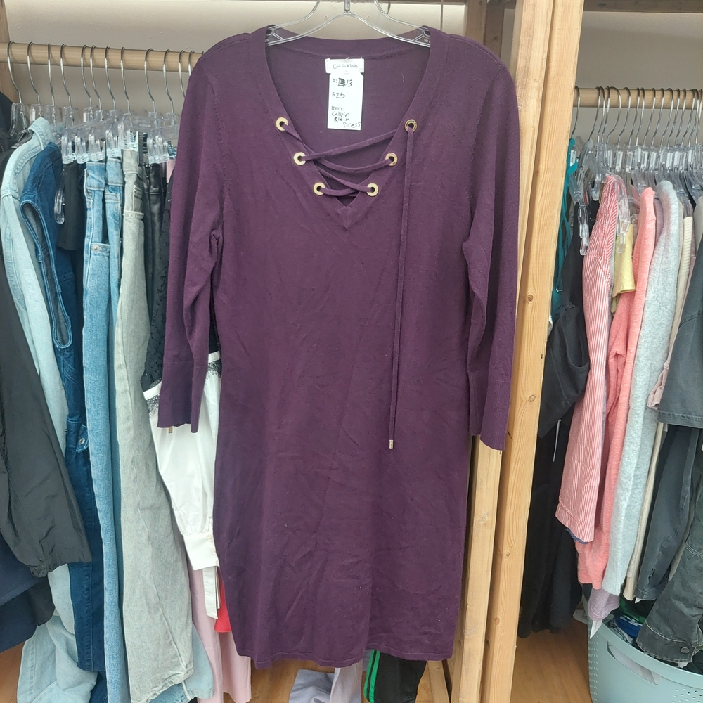 Calvin Klein Deep Purple Sweater Dress with Gold Accents